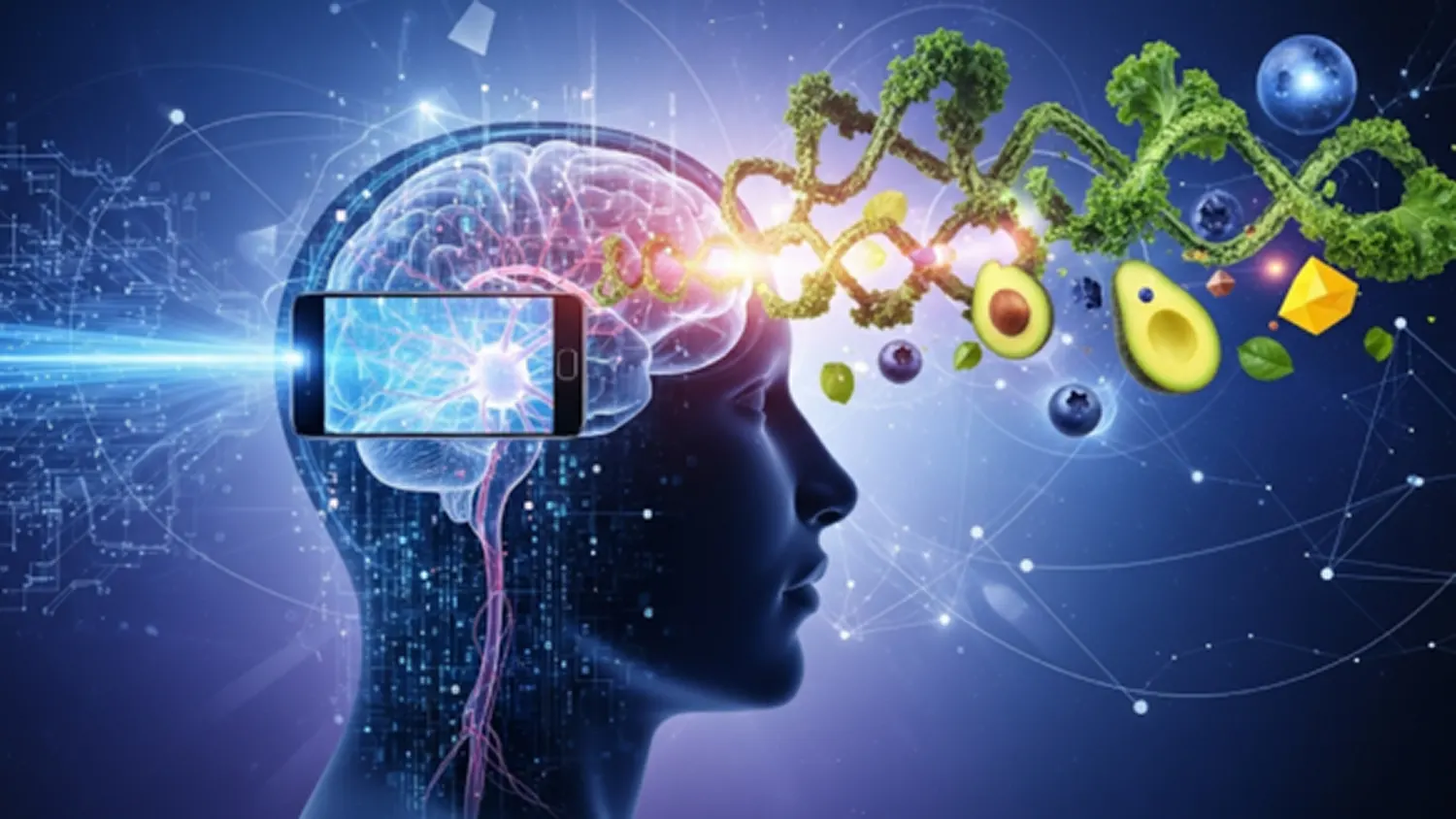 A conceptual digital illustration of a translucent human profile showing a glowing brain connected to a smartphone and a DNA strand made of kale, avocados, and blueberries against a futuristic blue background