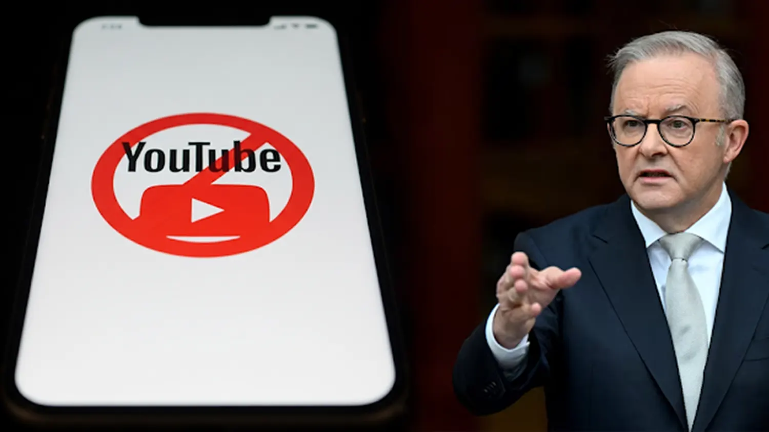 A split-screen composition showing an iPhone in the foreground with a "No YouTube" symbol (the YouTube logo inside a red circle with a diagonal line) on its screen. In the background, Australian Prime Minister Anthony Albanese is pictured in a dark suit, gesturing emphatically as if delivering a speech. The image represents Australia's landmark 2025 legislation banning social media accounts for minors under 16