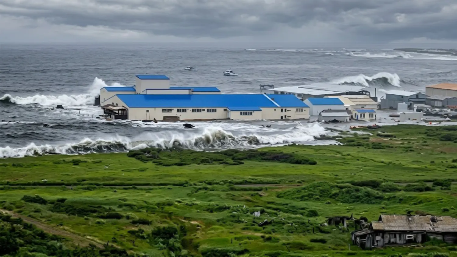 A dramatic, wide-angle landscape photograph capturing large tsunami waves aggressively crashing against a cluster of coastal industrial buildings with bright blue roofs in Kamchatka. The powerful white-capped waves dominate the sea, which stretches out under a turbulent, heavy grey sky. In the foreground, a vast expanse of lush, vibrant green grassy dunes rolls down towards the water, featuring a rustic, dilapidated wooden structure in the lower right. Two small boats are visible amidst the waves in the midground, struggling against the current. The overall mood is tense and awe-inspiring, showcasing the raw power of the ocean against a rugged natural and man-made landscape