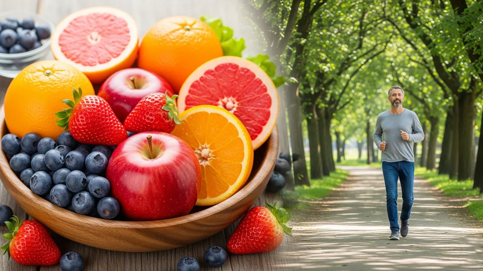 A dual-pane health image. Left: A wooden bowl of kidney-friendly fruits including strawberries, blueberries, apples, and citrus. Right: A man in his 50s jogging on a park path, illustrating the active lifestyle required to maintain healthy renal function and prevent chronic kidney disease