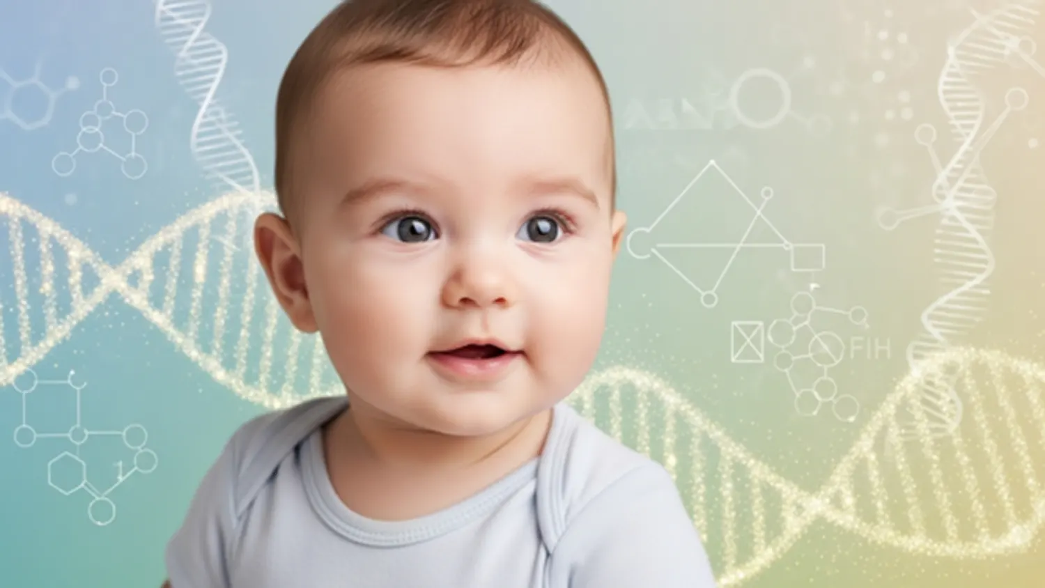 A smiling baby in front of a background featuring glowing DNA double helix strands and molecular structures, representing a world first IVF breakthrough