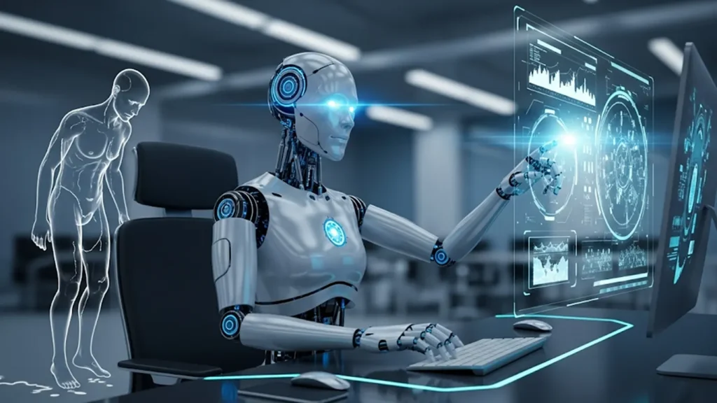 A sleek white humanoid robot sitting at a desk and interacting with a glowing blue digital interface, while a transparent, ethereal human figure stands behind the chair, symbolizing the fading or evolving role of humans in the workplace