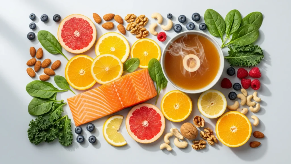 A flat lay of collagen-boosting foods including fresh salmon, bone broth, citrus fruits like oranges and grapefruit, leafy greens, berries, and nuts on a white background.