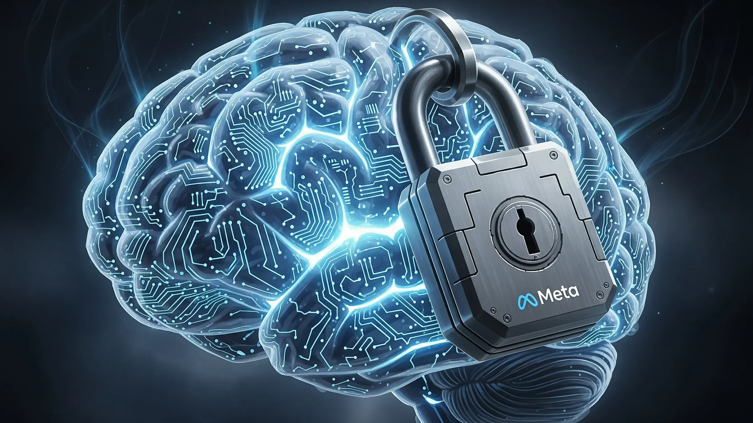 A 3D illustration of a glowing blue digital human brain with circuit patterns, secured by a heavy metallic padlock featuring the Meta logo.