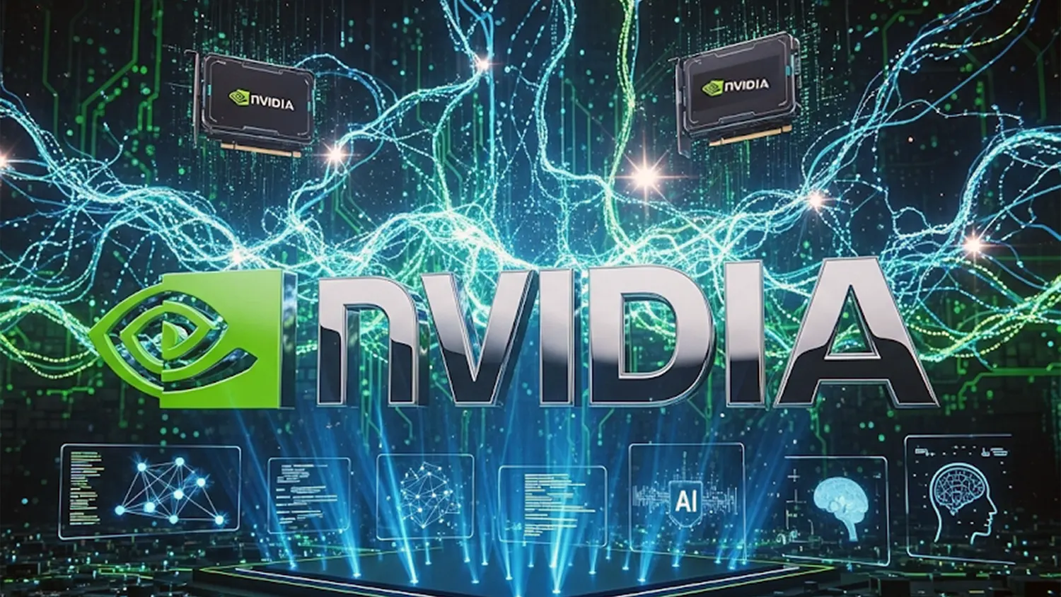 A high-tech digital 3D illustration featuring a large, metallic silver NVIDIA logo. Above the logo, two Nvidia GPUs float amidst glowing blue and green neural network light trails. Below, holographic displays show data visualizations including neural networks, the letters "AI," and a digital human brain, all set against a dark green circuit board background.
