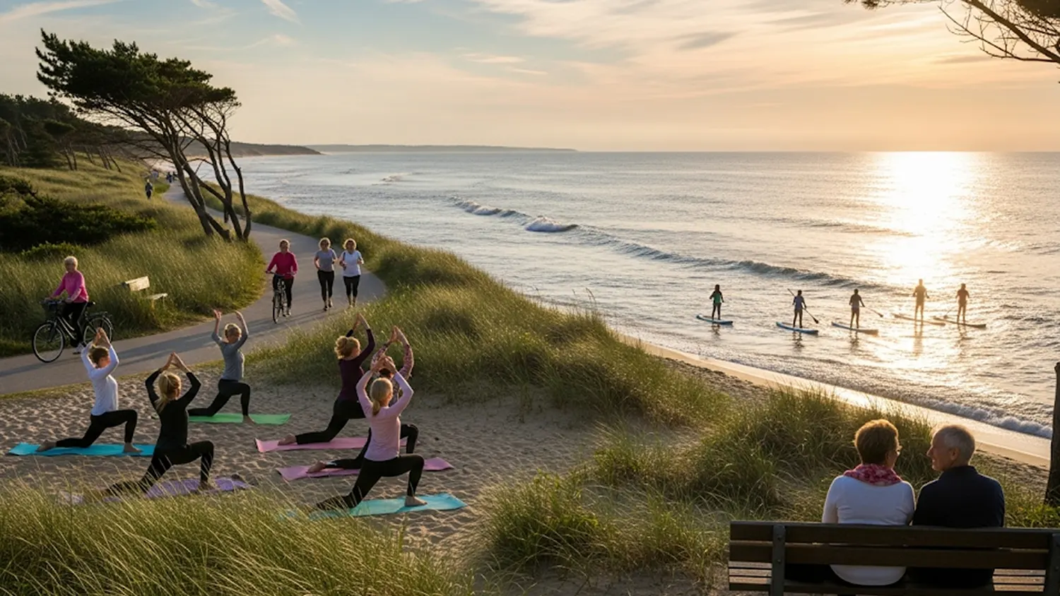 A serene coastal landscape at sunset featuring a group of women practicing yoga on the sand, people paddleboarding in the ocean, and joggers on a paved path, illustrating the health benefits of seaside living