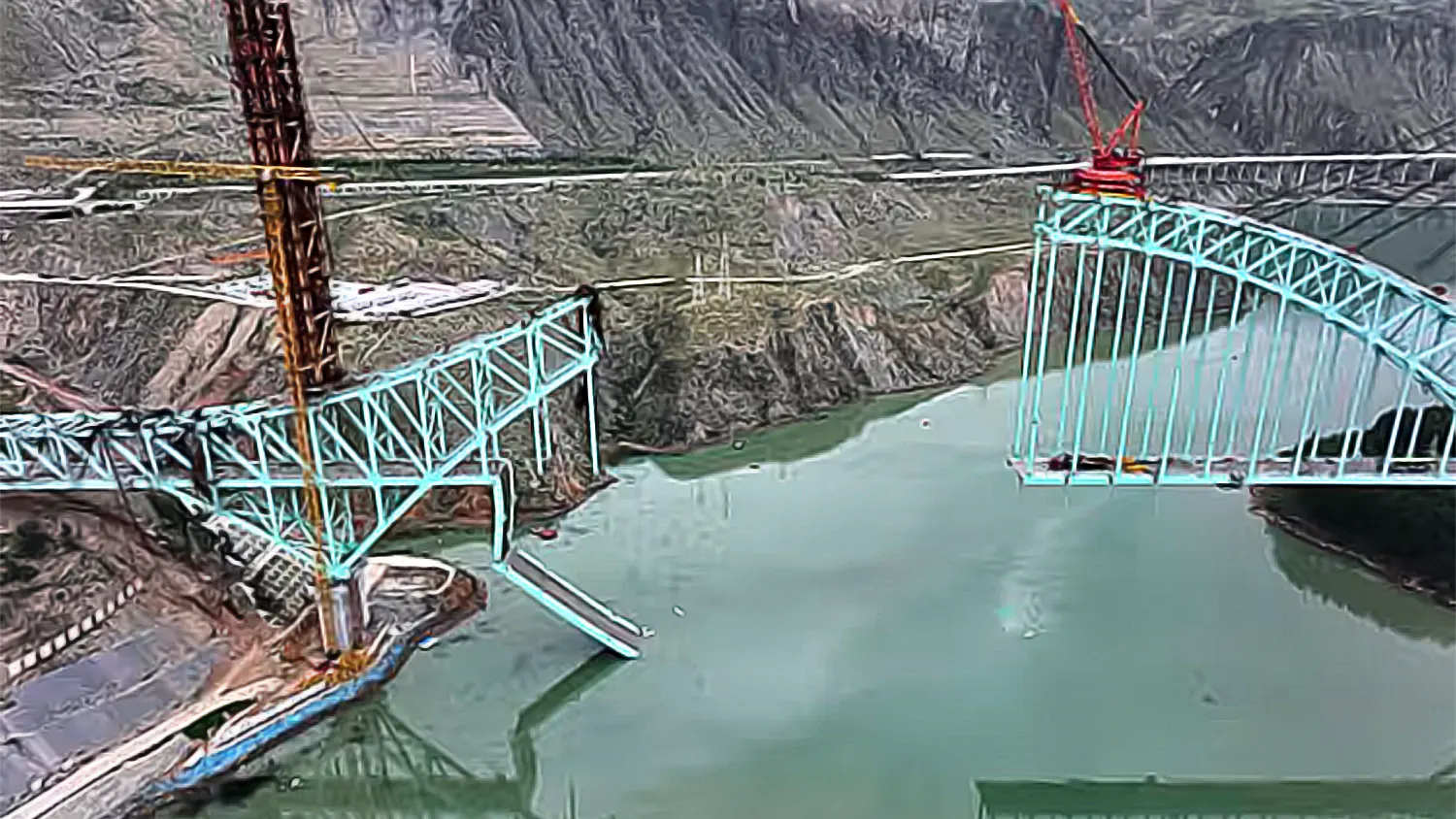 Aerial drone view of the collapsed highway bridge in Zhashui County, Shaanxi, China