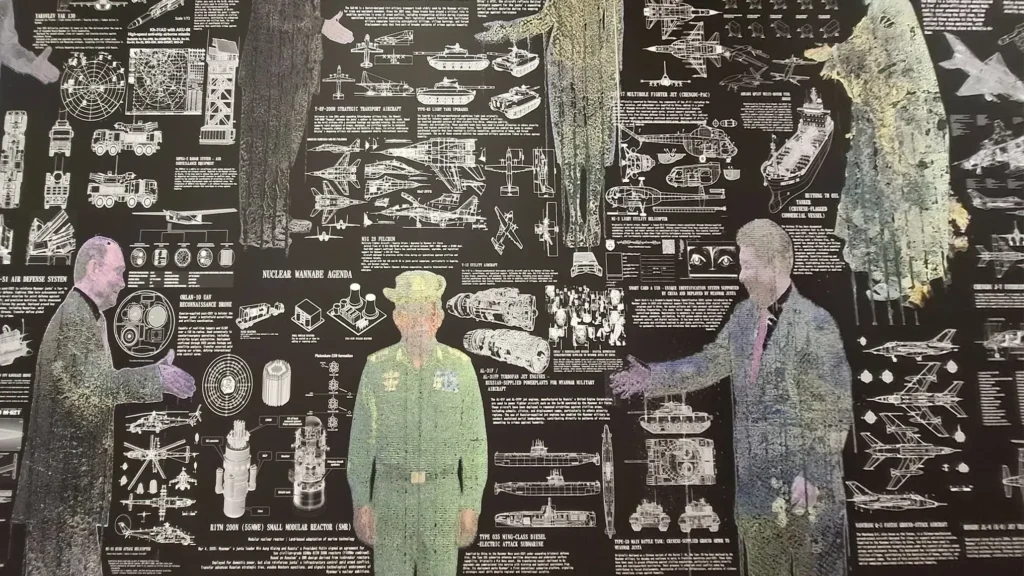 A 10-meter billboard-style collage titled 'The Regimes that Hold Hands' by artist Sai, featuring silhouettes of world leaders shaking hands amidst blueprints of fighter jets, tanks, and military hardware