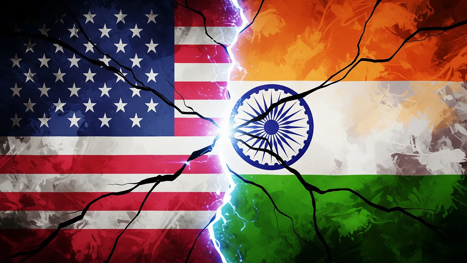 A conceptual graphic showing the flags of the United States and India separated by a jagged, glowing blue lightning bolt and black cracks, symbolizing a diplomatic and trade rift