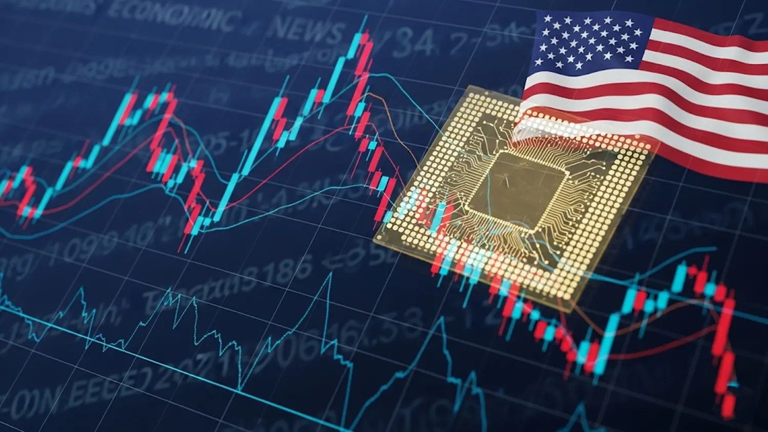 A digital composite showing a US flag and a microchip over a fluctuating stock market candlestick chart, representing the impact of US tariffs on the semiconductor industry and trade relations with India