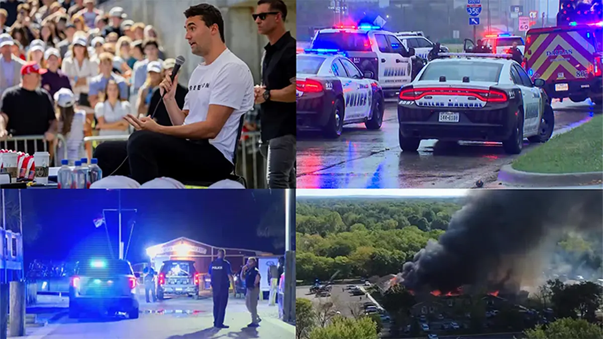 A four-panel photo collage titled "Finding Revival in America's September of Sorrow," featuring a public speaker addressing a crowd, Dallas police and marshal vehicles responding at a scene, law enforcement officers at a night scene, and an aerial view of thick black smoke rising from a building fire.