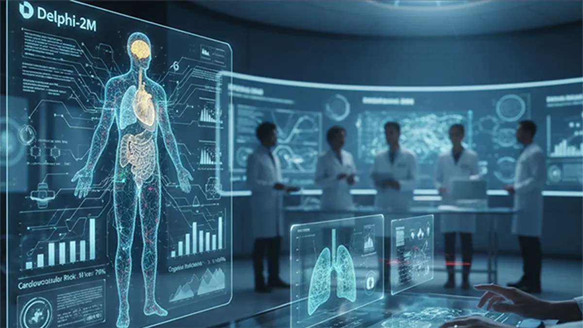 A futuristic medical research lab where a team of scientists in white lab coats view a large holographic transparent screen displaying a digital twin human body model, cardiovascular analytics, lung imagery, and disease risk forecasting interfaces powered by Delphi-2M AI