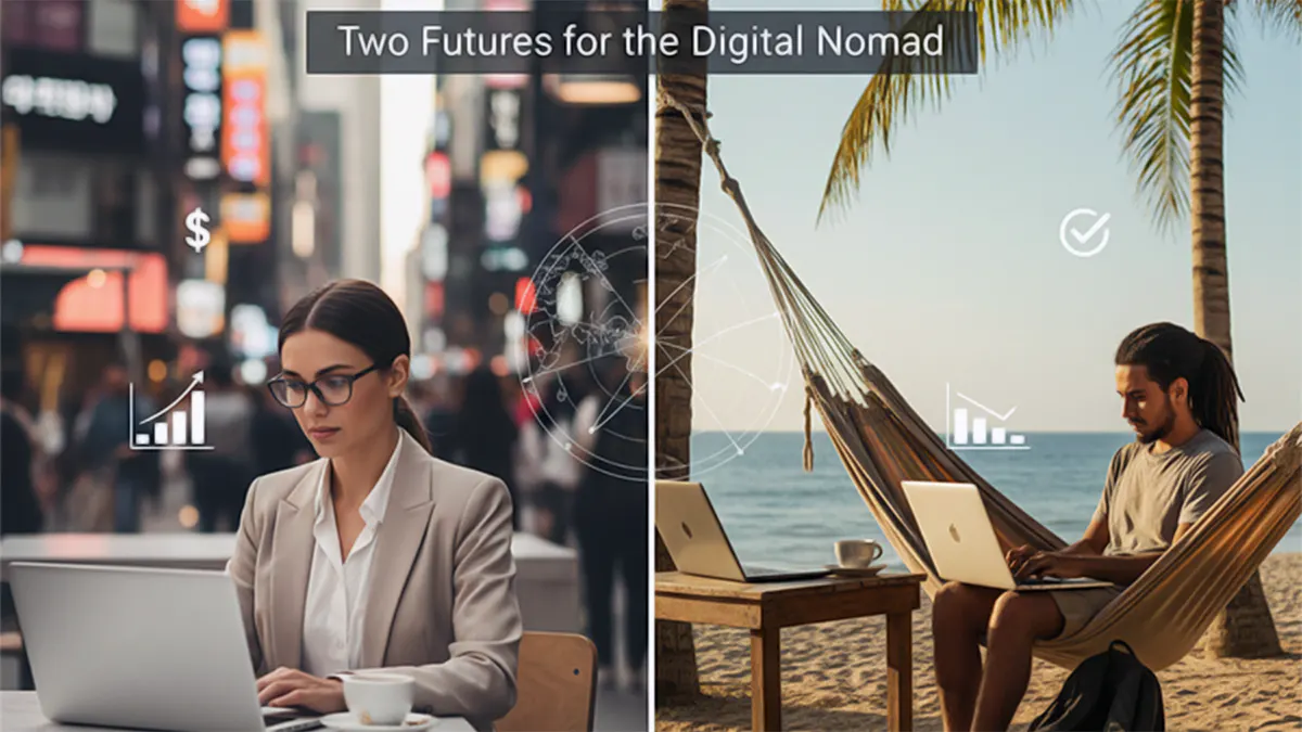 A split-screen graphic titled "THE GREAT DIVIDE: Two Futures for the Digital Nomad". The left side features a woman in a blazer working on a laptop at an urban outdoor cafe. The right side shows a man working on a laptop while sitting in a hammock on a tropical beach beneath palm trees.