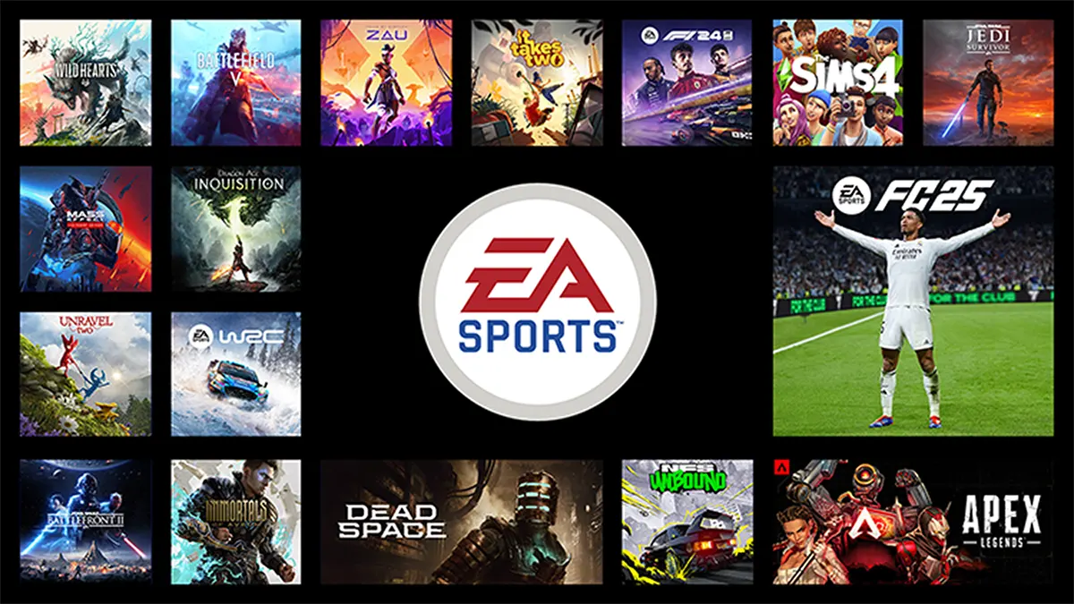 A grid layout of diverse video game cover art tiles—including Battlefield, The Sims 4, Apex Legends, Dead Space, and Star Wars Jedi Survivor—surrounding a central circular emblem featuring the red and blue EA Sports logo on a white background.