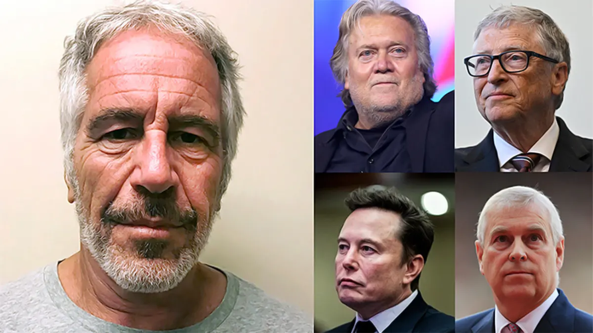A photo collage featuring a large portrait of Jeffrey Epstein on the left, alongside smaller portraits of Steve Bannon, Bill Gates, Elon Musk, and Prince Andrew on the right.