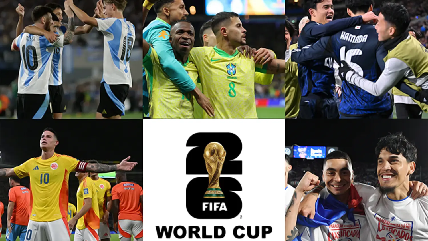 A collage of five photos showing national football teams celebrating during the FIFA World Cup 2026 qualifiers. Featured teams include Argentina, Brazil, Japan, Colombia, and Paraguay, alongside the official FIFA World Cup 2026 logo.