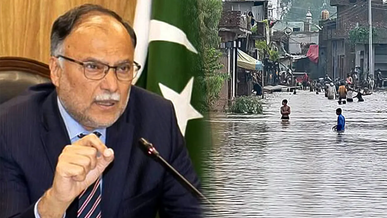 A split image showing a Pakistani official speaking at a podium next to a Pakistani flag, contrasted with people wading through a flooded street in a densely populated village