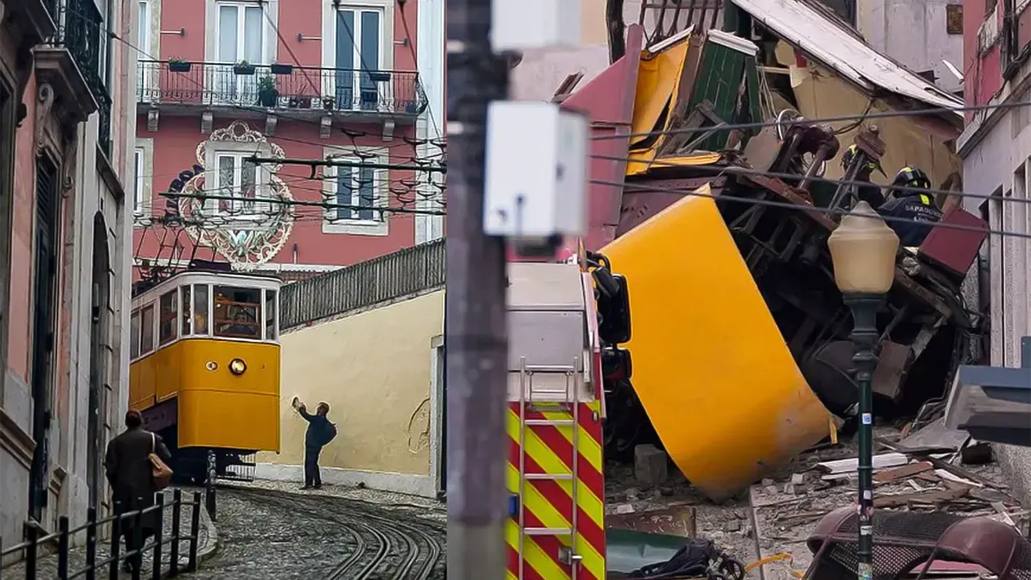 A split-perspective photo showing a yellow Lisbon funicular operating normally on the left and the aftermath of a catastrophic crash on the right, with a mangled carriage and rescue workers.