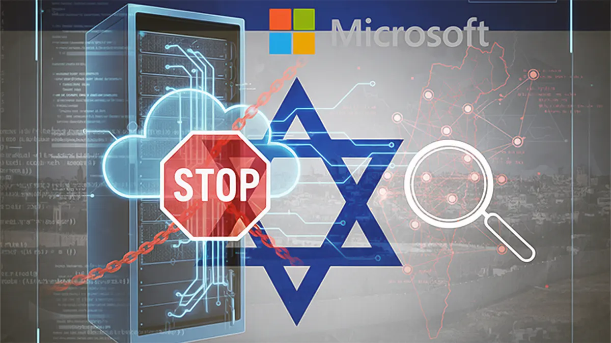 A conceptual digital graphic showing a Microsoft logo and server rack connected to a cloud icon wrapped in chains and blocked by a red stop sign, overlaid on a Star of David and a map layout with a magnifying glass icon.