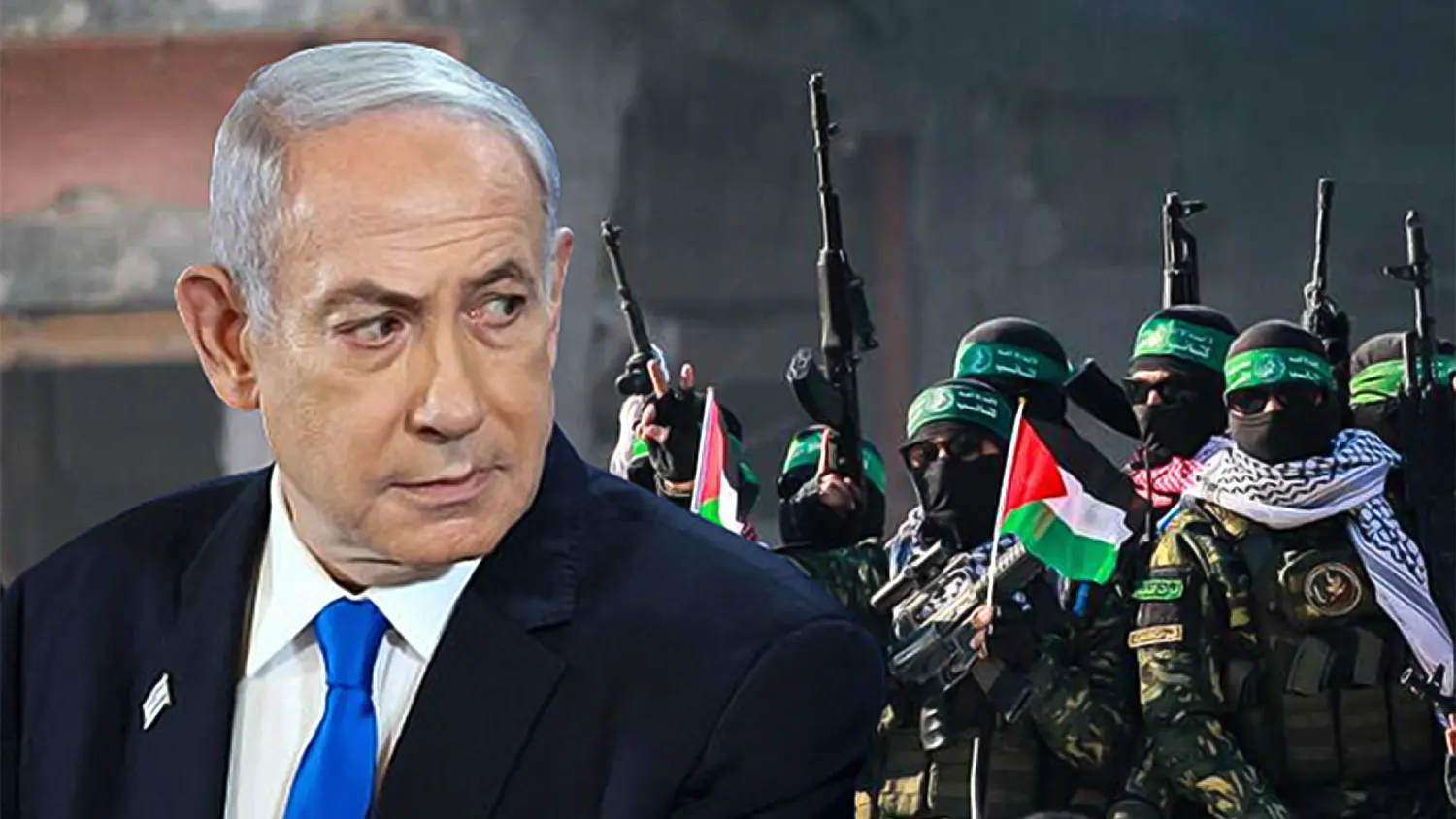 A composite image featuring a close-up profile of Israeli Prime Minister Benjamin Netanyahu in a dark suit and blue tie on the left. On the right, a group of armed fighters in military camouflage, black balaclavas, and green headbands hold rifles and a small Palestinian flag.