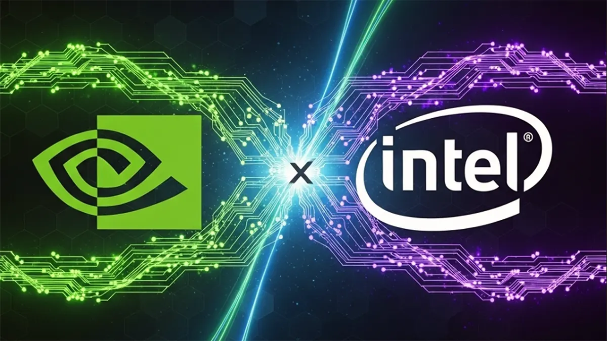 Graphic illustration of the green Nvidia logo and the blue Intel logo linked together by glowing green and purple circuit board patterns, joined by an X symbol in the center.