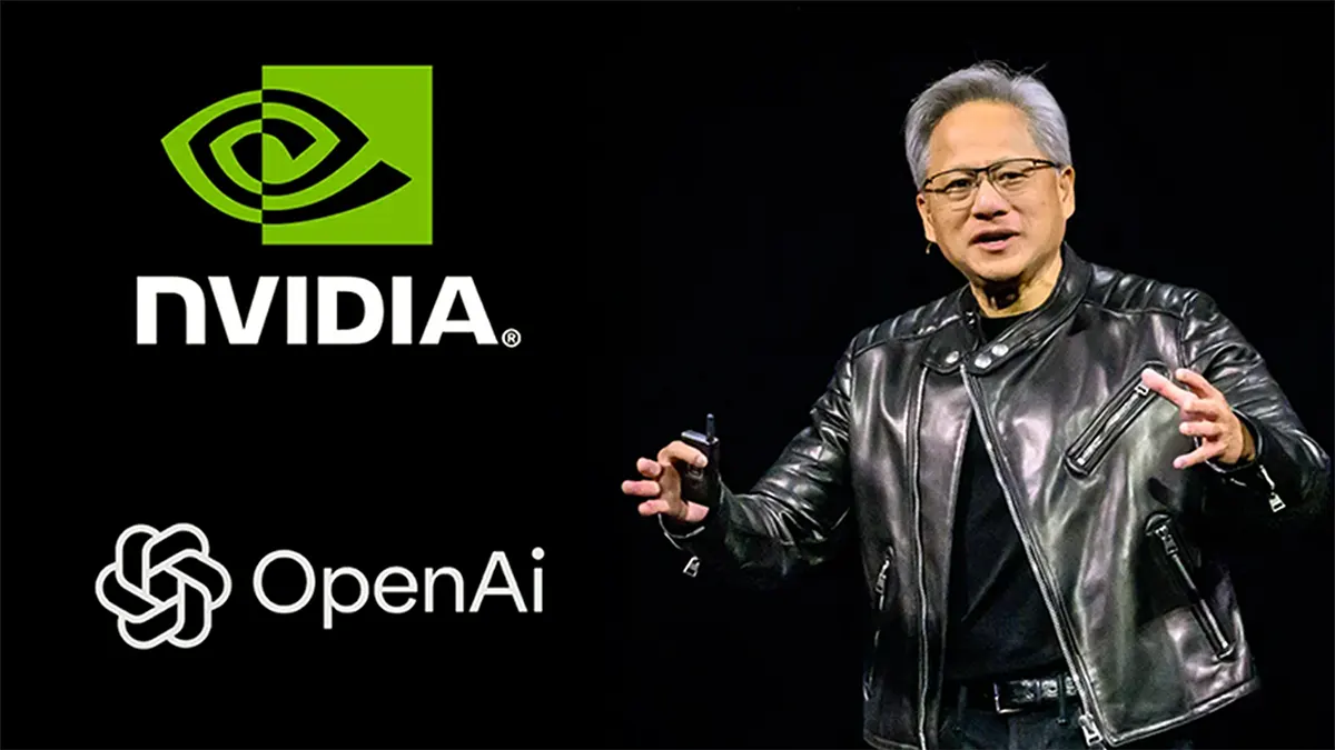 NVIDIA CEO Jensen Huang in a black leather jacket gesturing during a keynote presentation against a black background featuring the white logos of NVIDIA and OpenAI.