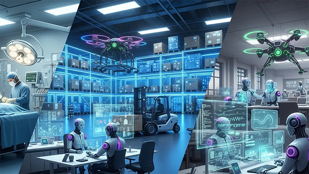 A three-part split-screen illustration of Agentic AI applications: human surgeons in an operating room (left), an automated warehouse with drones and a forklift (center), and humanoid robots managing data screens under a drone in an office setting (right).