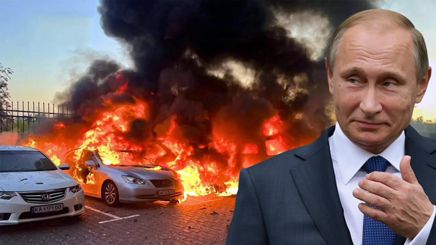A composite news editorial image featuring Russian President Vladimir Putin in a dark suit and blue tie in the foreground. In the background, a burning parking lot in Ukraine following a massive drone and missile strike shows two civilian cars—a white Honda and a silver Lexus—engulfed in massive fireballs and thick black smoke.
