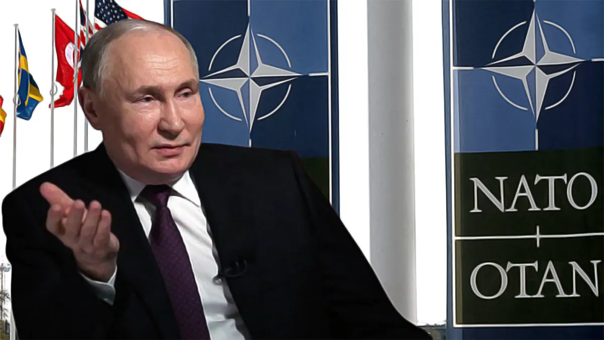 Russian President Vladimir Putin gesturing during a speech, overlaid against a background of NATO flags and banners, symbolizing the strategic crossroads between Russia and the West