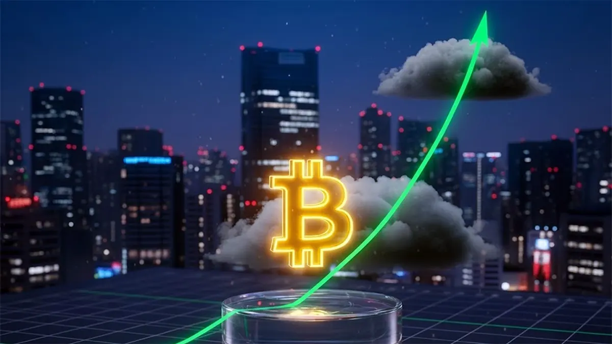 A dramatic graphic of a golden Bitcoin symbol with a green upward graph line, surpassing the $125,000 level, in front of a night cityscape featuring a glowing Tokyo Tower.
