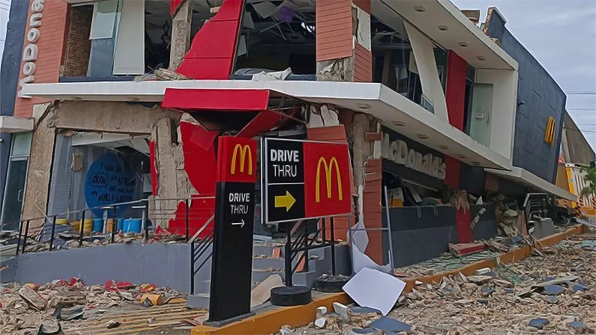 A two-story McDonald's restaurant in Bogo City, Cebu, severely damaged and leaning after a magnitude 6.9 earthquake in the Philippines. The front facade is cracked open, exposing the interior structure, with a prominent 'Drive Thru' sign standing amidst a street covered in heavy brick and concrete rubble.