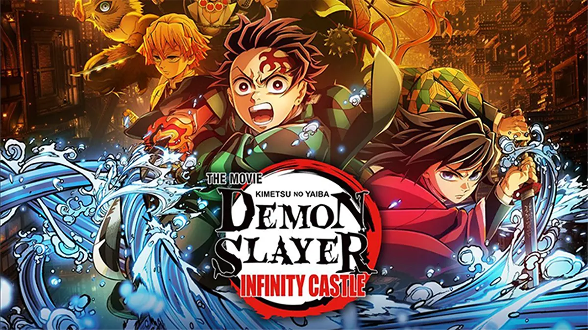 Official theatrical movie poster for Demon Slayer Kimetsu no Yaiba The Movie Infinity Castle, showcasing central character Tanjiro Kamado alongside Zenitsu, Inosuke, Himejima, and Giyu Tomioka over crashing water waves and a fiery, complex background.