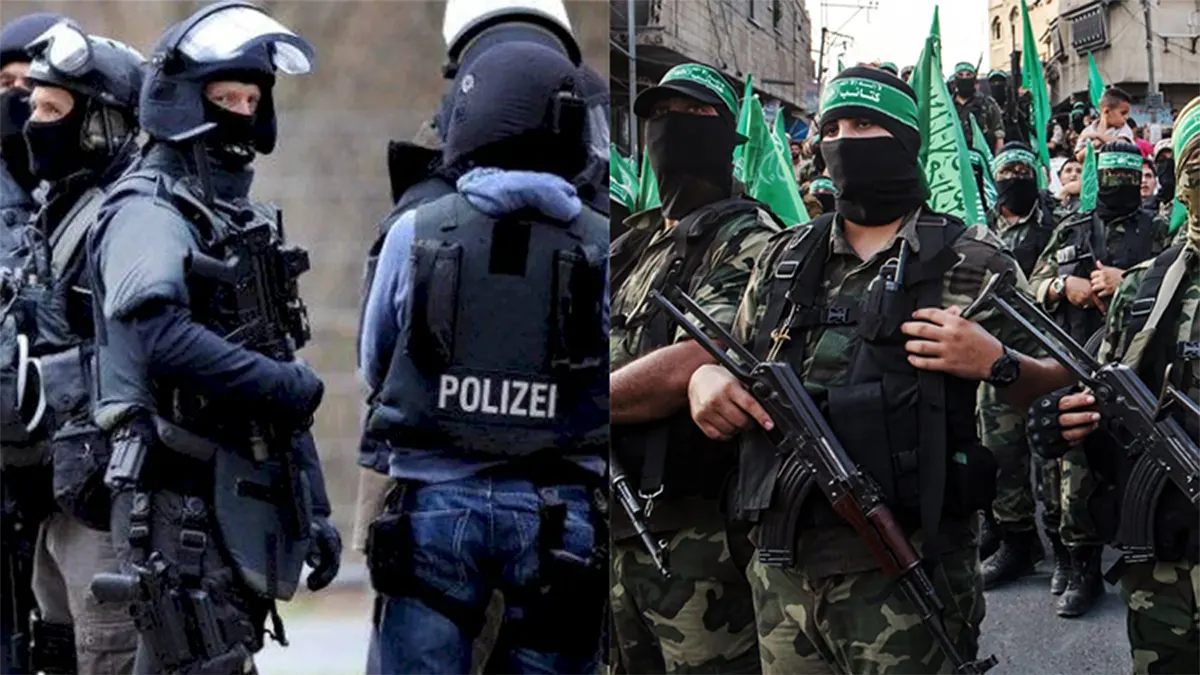 A split-screen photograph showing heavily armed German police tactical units (Polizei) on the left side, and masked Hamas militants holding firearms and carrying green flags during a rally on the right side.