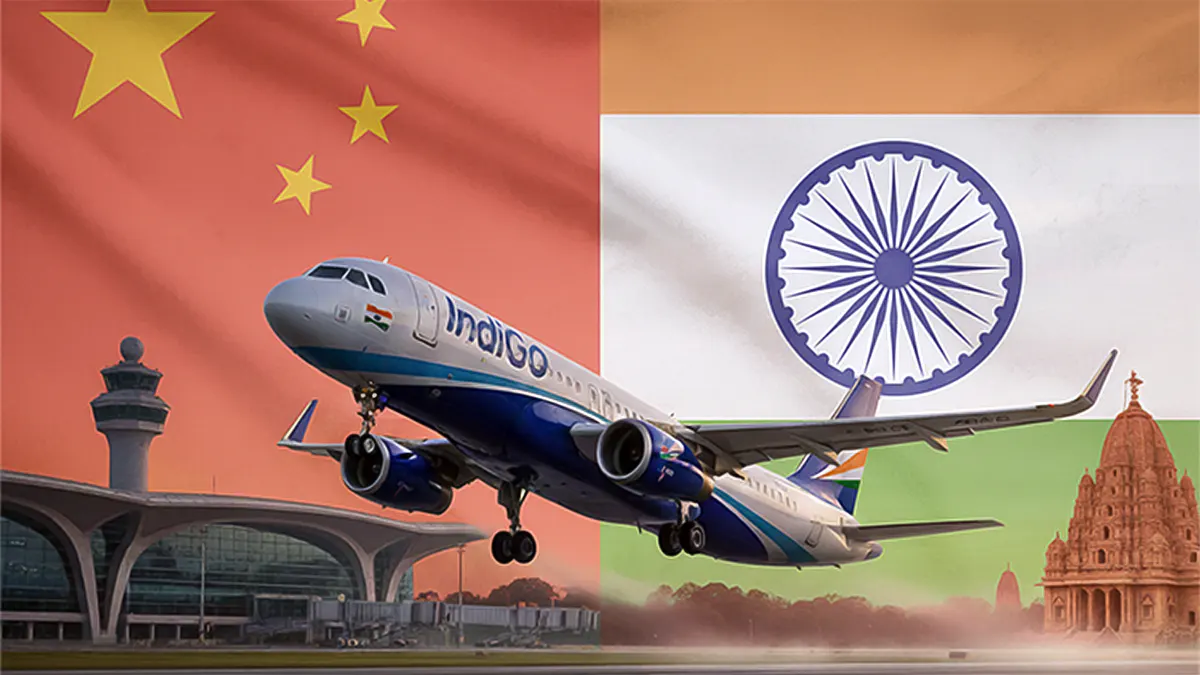 A conceptual composite image showing an IndiGo commercial airplane taking off from a runway. The background is divided vertically, featuring the national flag of China alongside a modern airport control tower on the left, and the national flag of India with a traditional Indian temple structure on the right.