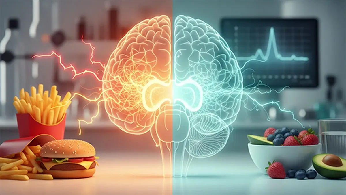 Conceptual split image illustrating the effect of diet on the brain, showing red electrical interference next to fast food and blue digital neural waves next to fresh fruit and avocado.