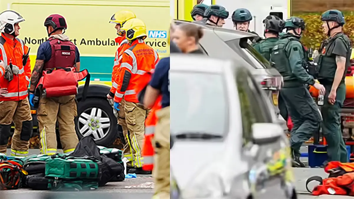 A split-screen photograph showing emergency responders at a scene. The left panel shows North West Ambulance Service paramedics in bright orange and yellow jackets standing next to a yellow ambulance with medical gear on the ground. The right panel shows several armed tactical police officers in green uniforms and helmets standing near vehicles.