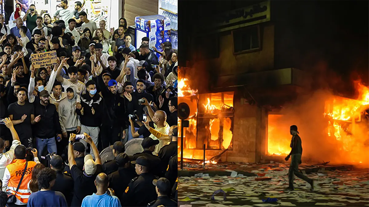 A split-screen photo showing civil unrest in Morocco: on the left, a dense crowd of young protesters stands face-to-face with riot police, with one holding a cardboard sign mentioning stadium funding; on the right, a building engulfed in raging orange flames at night with debris scattered on the street and a figure walking by.