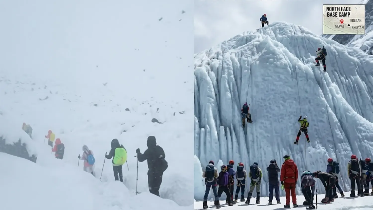 A horizontal, split-frame image illustrating a Mount Everest blizzard disaster on the Tibetan side. The left side shows trekkers walking in intense, foggy whiteout blizzard conditions, with text "OCTOBER 6, 2025 | MT. EVEREST TIBETAN SIDE BLIZZARD" and a locator map showing "NORTH FACE BASE CAMP" in Tibet, Nepal, and Bhutan. The right side shows a massive group of hundreds of trekkers and rescuers with backpacks gathered at the base of a jagged, towering ice wall. A few climbers are rappelling or climbing up the wall.