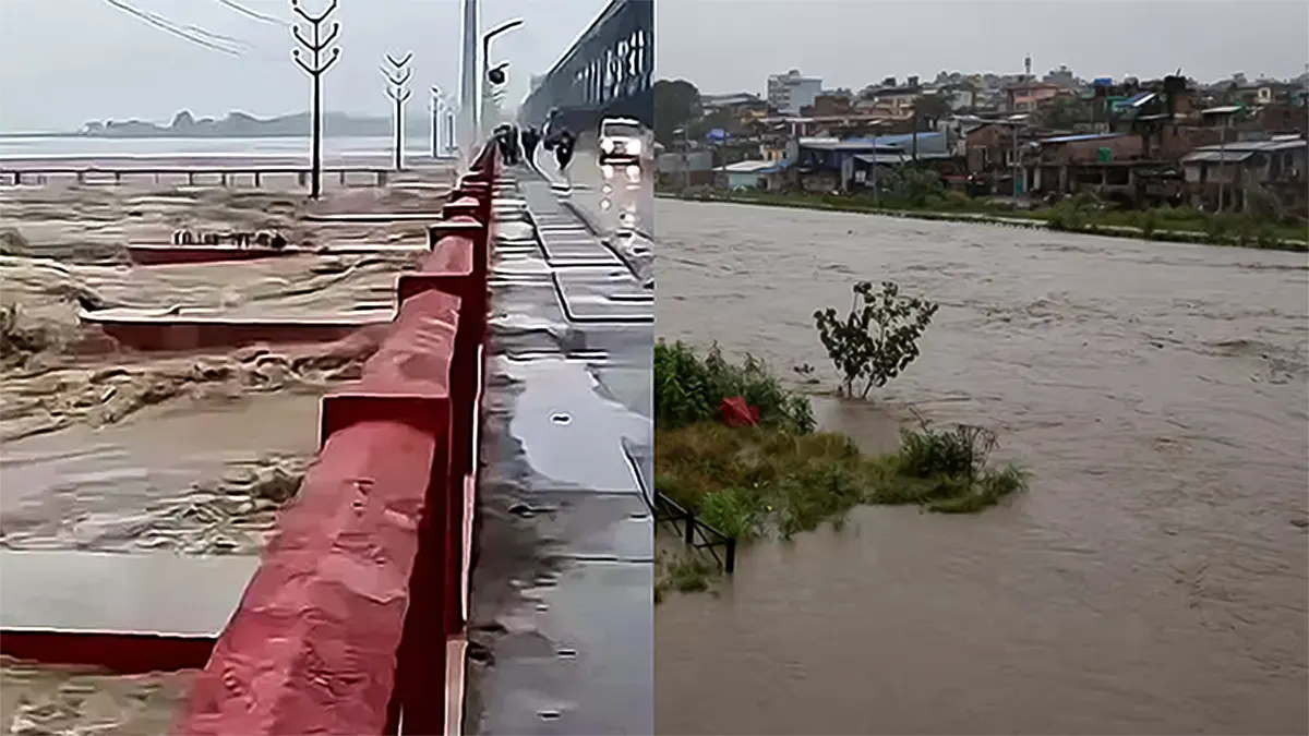 A side-by-side split comparison of severe flooding in Nepal. The left panel shows rapid, muddy brown floodwaters rushing past a concrete bridge with a bright red railing. The right panel shows an overflowing Bagmati River inundating low-lying green riverbanks near a densely populated town under a gray, overcast sky.