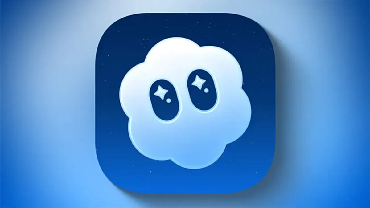 Official application icon for OpenAI's Sora, featuring a light blue, cloud-like character with sparkling eyes centered on a dark blue, rounded square background speckled with tiny stars.
