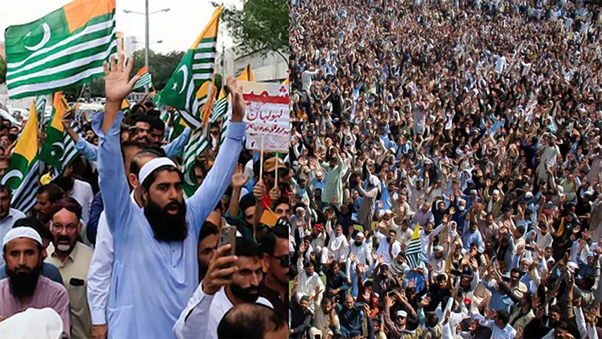 A split-screen photo showing mass demonstrations in Kashmir. On the left, a close-up of a crowd where a bearded man in a light blue tunic raises both hands in protest, surrounded by others waving the green, white, and orange flags of Azad Jammu and Kashmir. On the right, an aerial bird's-eye view captures a massive, densely packed crowd of thousands of people gathered in an outdoor square, many with hands raised.
