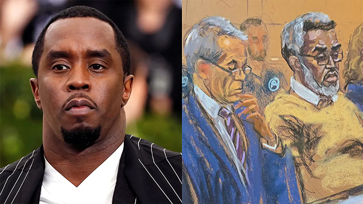 A split-screen graphic showing a crisp, professional photo of music mogul Sean "Diddy" Combs on the left, and a colorful courtroom sketch depicting him sitting next to his defense attorney during his federal trial on the right.