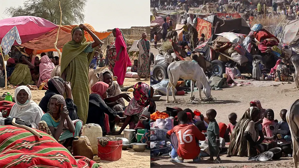 A split-screen photograph showing displaced Sudanese civilians, mostly women and children, gathering under makeshift fabric tents and shelters on the left, and a sprawling, overcrowded displacement camp with donkeys and scattered belongings on the right.