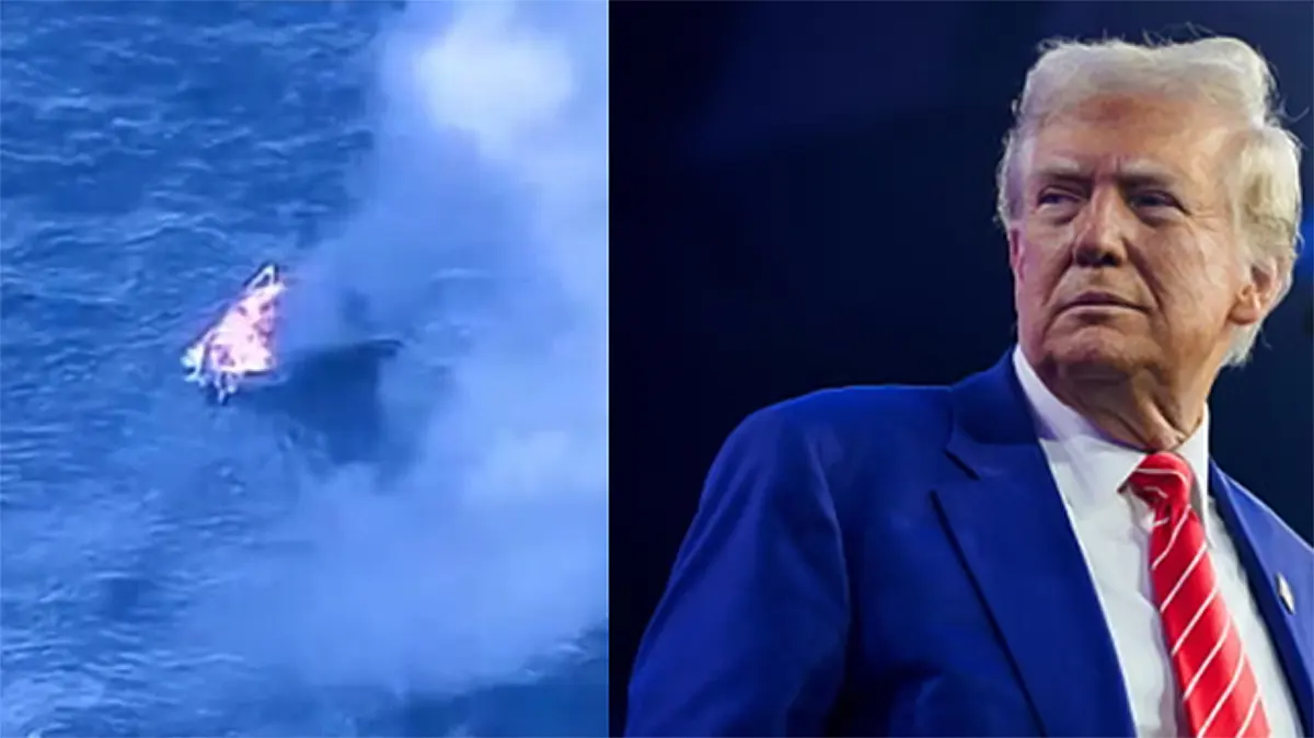 A split-screen image showing an aerial view of a small boat on fire in the ocean surrounded by thick white smoke on the left, and a profile portrait of Donald Trump in a blue suit and red tie on the right.