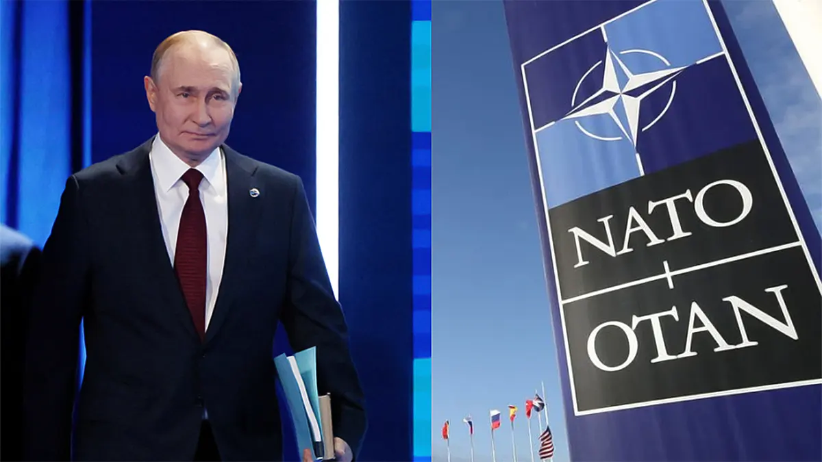 A split-screen image showing Russian President Vladimir Putin in a dark suit and red tie holding documents on the left, next to a tall blue banner featuring the official NATO emblem and logotype on the right against a clear blue sky with flags.
