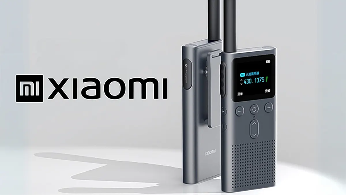 Two grey Xiaomi digital walkie-talkies shown from the front and back against a clean studio background next to the black Xiaomi text logo.