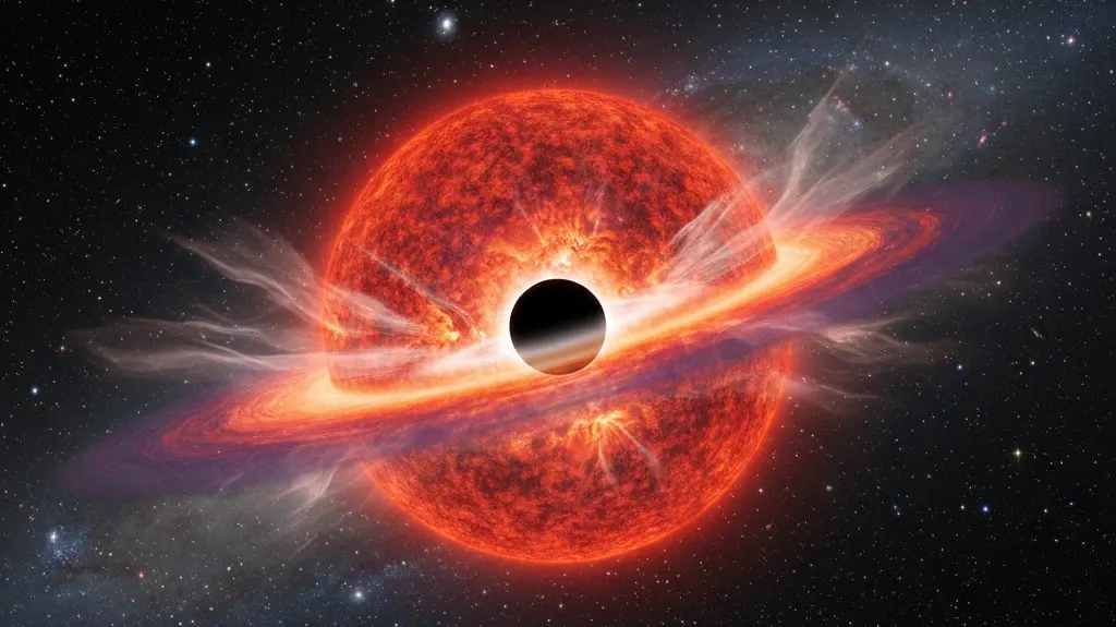 Artistic visualization of a failed supernova in the Andromeda Galaxy, showing a massive star collapsing into a black hole with a glowing dust disk