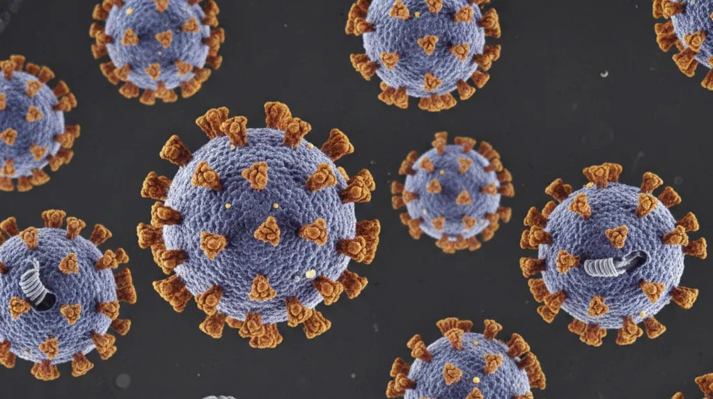 Microscopic image of the measles virus (Measles morbillivirus) showing spherical viral particles with surface proteins.