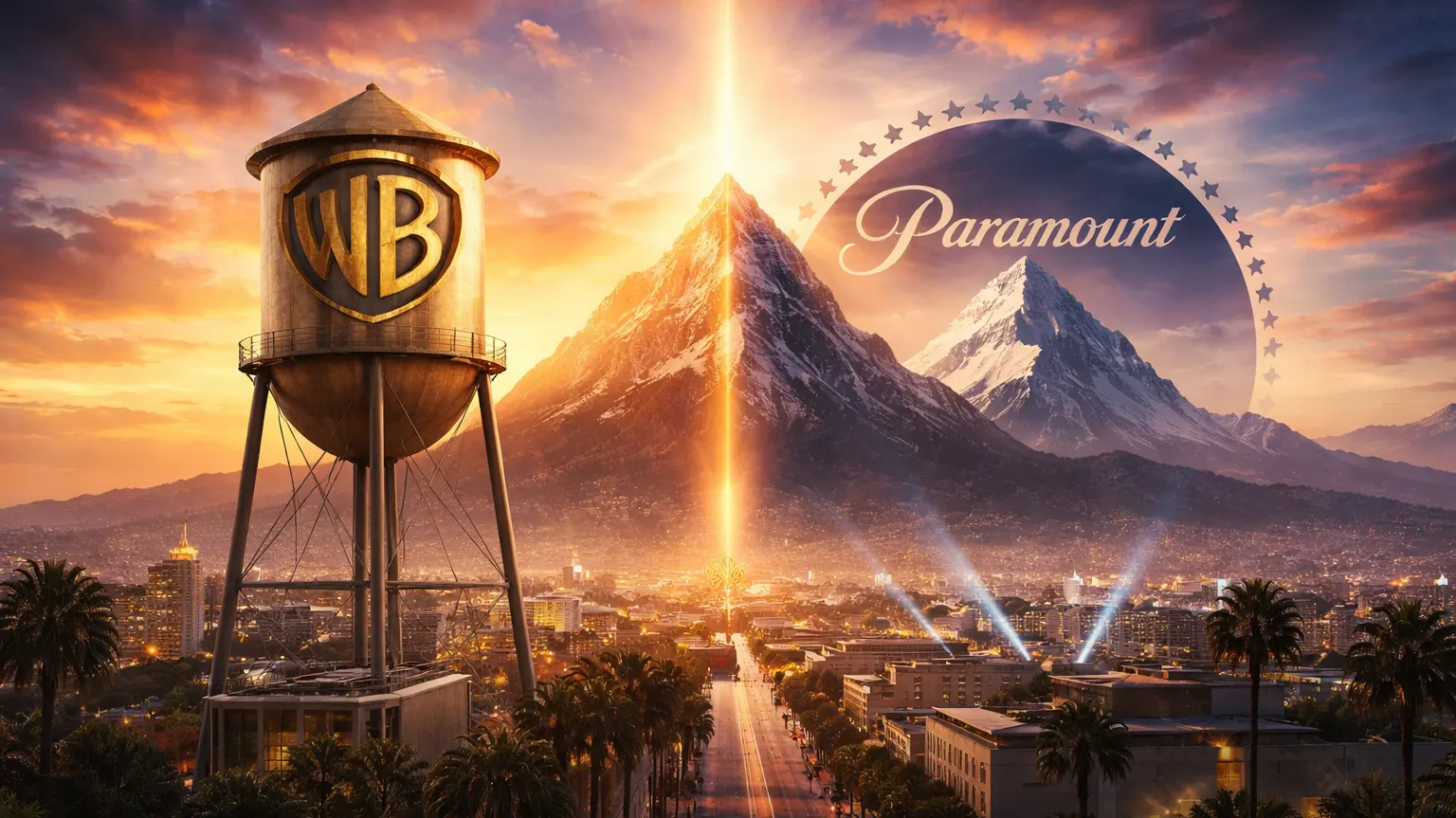 image of the Warner Bros. water tower merging with the Paramount mountain logo over the Hollywood skyline at sunset, symbolizing the 2026 Paramount-Skydance acquisition of Warner Bros. Discovery.