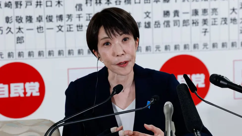 Japanese Prime Minister Sanae Takaichi speaking at a press conference following the LDP's supermajority victory in the 2026 snap election